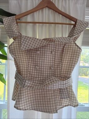 J. Crew Beige and White Gingham Sleeveless Belted Top